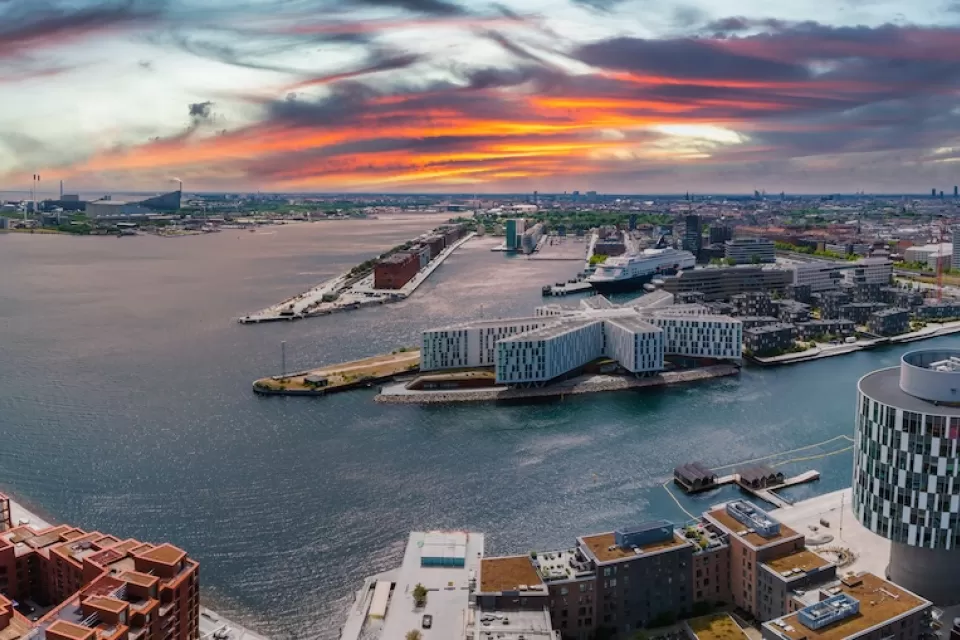 Aerial view of harbor with modern buildings in Copenhagen, Denmark.